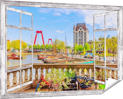 Gards Tuinposter Doorkijk Kleurrijke Oude Haven in Rotterdam - 150x100 cm - Tuindoek - Tuindecoratie - Wanddecoratie buiten - Tuinschilderij