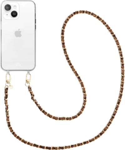xoxo Wildhearts siliconen hoesje geschikt voor iPhone 15 Plus - Classic Chain - Leopard (lang koord) - Telefoonhoesje - Hoesje met koord - Schakelketting - Lang telefoonkoord - Luipaardprint met goud - Transparant hoesje