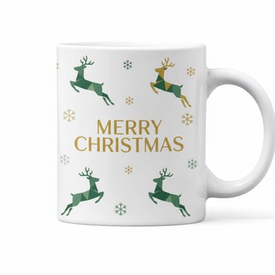 Merry Christmas Mok 330ml – Witte Kerst Koffiemok met Groene Rendieren – Feestelijk Cadeau voor Kerstliefhebbers