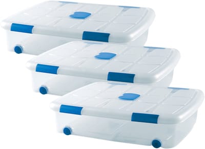 Plasticforte Opslagbox - 3x stuks - met deksel - 41L - 73 x 55 x 16 cm - transparant - opbergbak - met wielen