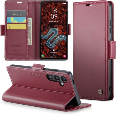 Geschikt voor Samsung Galaxy S24 FE 5G - Lederen Flip Wallet - Kaartenvakken - Standfunctie - Magneet - Book Case Hoesje - Rood