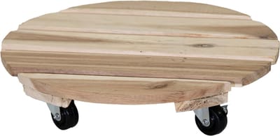 Mega Collections Plantenpot trolley - acacia hout - lichtbruin - rond - 30 x 30 cm - max 50 kilo