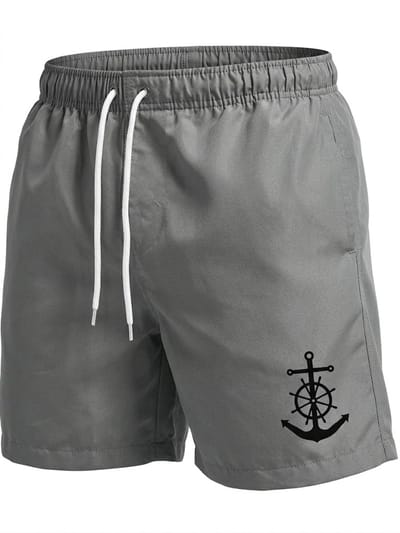 Grijze zwembroek heren met anker print – heren zwem short met elastische tailleband en wit trekkoord – korte strand zwembroek met mesh voering en zijzakken – effen grijze zwem short voor strand, zwemmen en vakantie – maat M