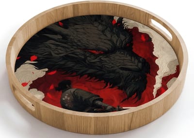 Dienblad rond 40x40 cm - Schootdienblad hout - Krijger - Draak - Zwart - Rood - Rook - Borrelplank rechthoek - Plateau houten dienbladen