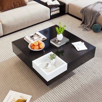 Wishdor Salontafel hoogglans met afneembare opbergbox, meerkleurige LED-onderverlichting, kleurblok zwart-wit, 72×72×30 cm