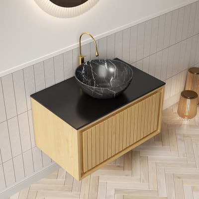 MODFU Hangende Badkamerkast - Met Lade En Keramische Waskom - Modern - Sintersteen En Multiplex - Zwart, Eikenkleur