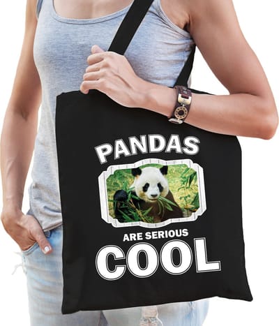 Dieren panda katoenen tasje volw + kind zwart - pandas are cool boodschappentas/ gymtas / sporttas - cadeau pandaberen fan