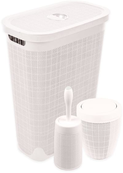 Set 'Hessian' - Wasmand 40 liter - Toiletborstel doseersysteem - Prullenbak swingdeksel - Crème