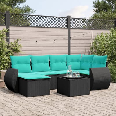 vidaXL - 7-delige - tuinbankset - met - kussens - van - zwart - polyrotan