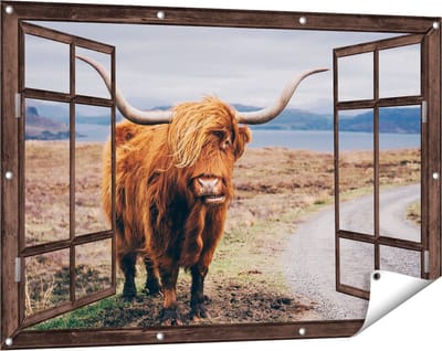 Gards Tuinposter Doorkijk Schotse Hooglander Koe op de Weg - 120x80 cm - Tuindoek - Tuindecoratie - Wanddecoratie buiten - Tuinschilderij