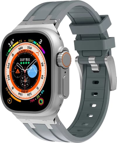 Strap-it luxe liquid siliconen bandje geschikt voor de Apple Watch 1/2/3/ 4/5/6/7/8/9/10/SE/Ultra (2) in de maat: 44mm / 45mm / 46mm / 49mm - luxe rubberen iWatch sport bandje met RVS aansluiting (donkergrijs met zilver)