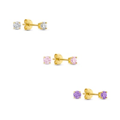 New Bling 9SIL-SET0029 Zilveren Zirkonia Oorknoppen Set 3mm Wit Paars Roze Earparty - Zilver - Verguld/Goud op Zilver