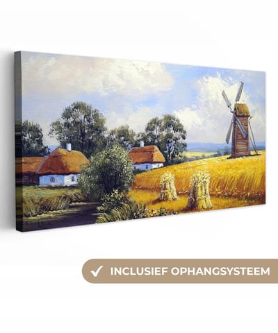 Canvas schilderij - Boerderij - Molen - Olieverf - Natuur - Canvas landelijk - 40x20 cm - Schilderijen op canvas - Canvasdoek - Muurdecoratie
