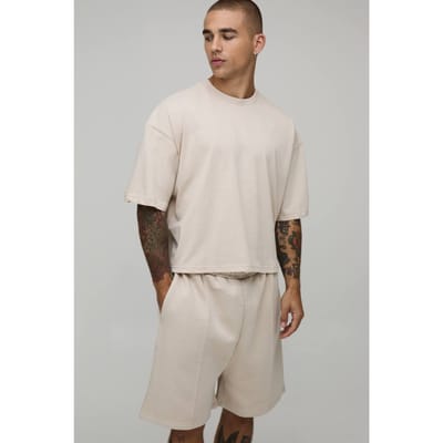 Oversized Boxy T-Shirt & Drop Crotch Shorts Set | Stone | Size Small