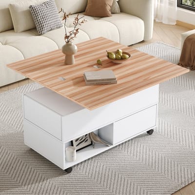 MODENUIT Salontafel - Hefbaar En Uitschuifbaar Tafelblad Met 4 Laden - Voor Woonkamer - Wit En Eiken - 100x50x52 Cm