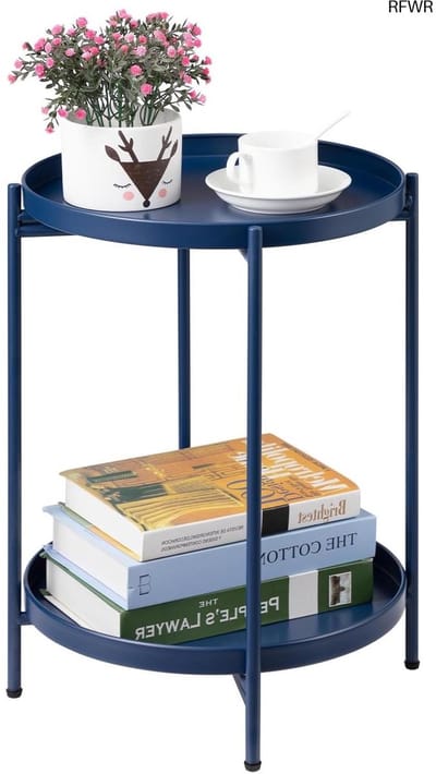 Ronde Bijzettafel Metalen Bijzettafel met 2 Lagen voor Woonkamer, Slaapkamer, Balkon of Terras, Donkerblauw
