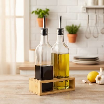 Olie- en Azijnset – 2 Glazen Flessen 500 ml – Antidruppel – Met Bamboe houder