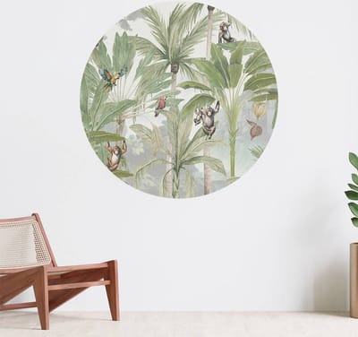 Muurcirkel zelfklevend behang - Jungle met apen en papegaaien in kleur - Wanddecoratie - 080cm behangcirkel - Ronde sticker voor aan de muur - Behangsticker verkrijgbaar in verschillende formaten