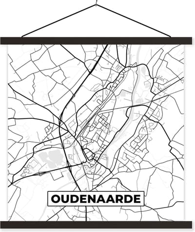 Posterhanger incl. Poster 60x60 cm - Schoolplaat - Plattegrond – Oudenaarde – Zwart Wit – Stadskaart - Kaart - België - Textielposter - Zwarte latten - Stadskaart