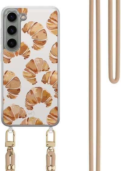 Hoesje met koord geschikt voor Samsung Galaxy S23 - Croissant - Inclusief Beige koord - Crossbody beschermhoes - Transparant, Bruin - Mooie Telefoonhoesjes