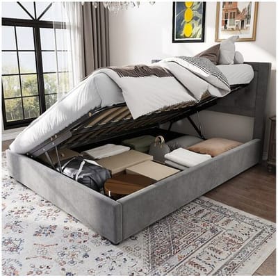 Merax Opbergbed voor volwassenen 140 x 200 cm in fluweel - Bilaterale opening - Chesterfield-stijl - Grijs