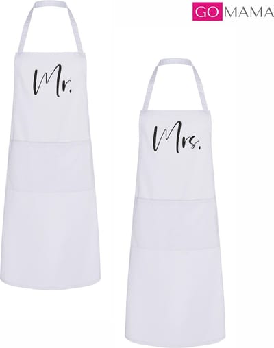 Go Mama™ – Keukenschort set “Mr & Mrs” – Koppel kookschorten – 2 stuks – One Size – Verstelbaar – Origineel huwelijkscadeau of samenwonen cadeau