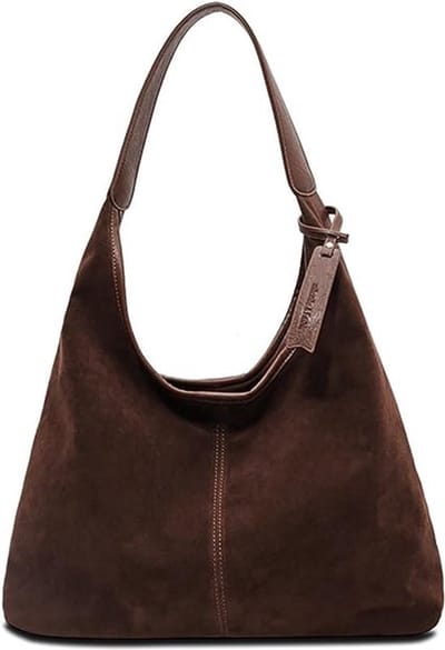 Grote schoudertas voor dames - hobotas van zacht suède en corduroy - met open binnenzak en ritsvak - bruin (37x25x11 cm)
