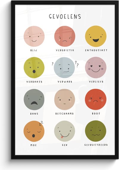 Poster in lijst - Fotolijst 60x90 cm - Posters - Gevoelens - Leren voor kinderen - Educatief - Kleuren - Posterlijst zwart - Kamer decoratie - Wanddecoratie kinderkamer - Muurdecoratie babykamer