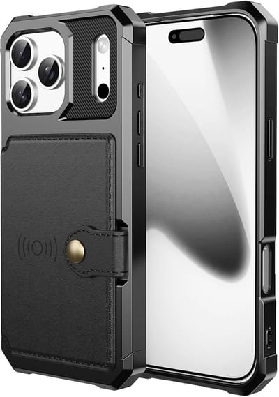 YPCd Hardcase Kaarthouder Hoesje – Geschikt voor Apple iPhone 17 Pro – Shockproof Backcover met Pasjesvak en Drukknop – Magneet voor Autohouder – Zwart