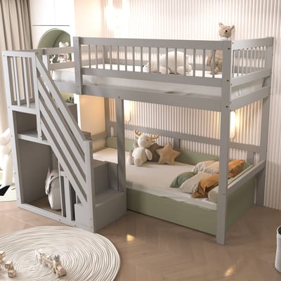 MODENUIT Halfhoogslaper 90x200 cm – Trap met Opbergkasten – Hoge Ombouw – Ruimte onder Bed – Massief Hout – Zonder matras – Grijs