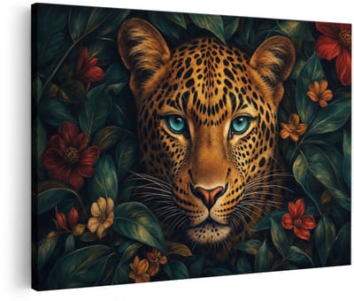 Artaza Canvas Schilderij Luipaard Met Bloemen En Bladeren - Tropische Natuur - 30x20 cm - Klein - Wanddecoratie Woonkamer - Schilderijen - Muurdecoratie