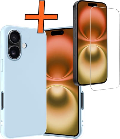 Hoes - Met Screenprotector - Geschikt voor Apple iPhone 16 - Sterk & Shockproof - Back Cover - Siliconen Case - Telefoon Hoes - Lichtblauw
