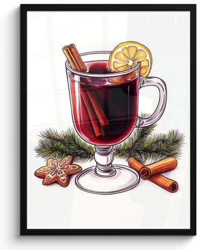 Poster in lijst - Fotolijst 50x70 cm - Posters - Wijn - Drinken - Gluhwein - Winter - Illustratie - Kerst - Posterlijst zwart - Decoratie - Wanddecoratie woonkamer - Muurdecoratie slaapkamer - Kerstversiering - Kerstdecoratie voor binnen - Kerstmis