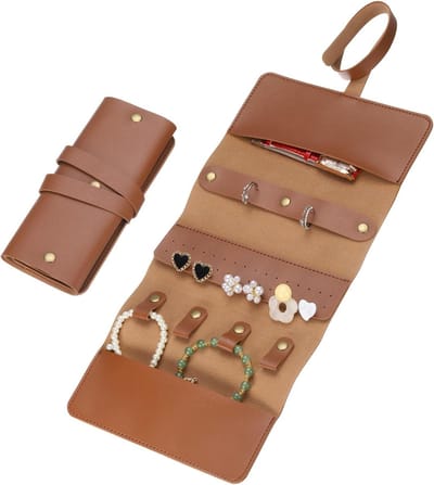 Famanu – 2 stuks reis-sieradenroltassen - opvouwbare reis-sieradenorganizertas - draagbare sieradentas voor reizen - ringen - halskettingen - oorbellen - armbanden - sieradenopslag - bruin