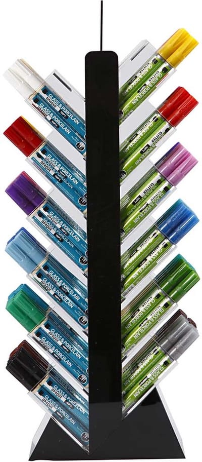 Glas- en Porseleinstiften – Glasdecoratie Stiften – Porselein Schrijven – Glitter Stiften – Glasdecoratie – Keramiek Stiften – Glas- en Keramiek Stiften – Stiften Display – Incl. Display - Lijndikte: 1-3 mm - 24 Kleuren x 6 Stuks