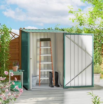MEUNIQ metalen tuinschuur 100 x 103 x 160 cm met pultdak en afsluitbare deur, groene schuur voor buiten, tuinberging voor tuingereedschap en opslag