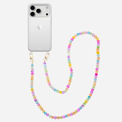 xoxo Wildhearts siliconen hoesje - Geschikt voor iPhone 17 Pro Max hoesje - Shell Hearts (long) - Telefoonhoesje - Hoesje met koord - gekleurde hartjes - Lang koord - Transparant hoesje met telefoonkoord - Regenboog / Meerkleurig