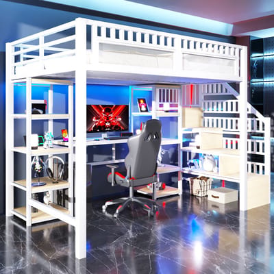 DESMIU Hoogslaper 140 x 200 cm - Hoogslaper Met Bureau, LED Verlichting En USB - Opbergplanken En Trap Met Opbergruimte - Voor Jeugd - Metaal En MDF - Wit Zonder Matras