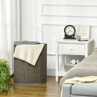 MODFU Wasmand - Uitneembare Binnenzak En Deksel - Hoekontwerp - Voor Wasruimte Of Badkamer - Bamboe - Grijs - 38 X 38 X 57 Cm