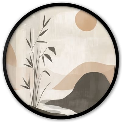 Poster in lijst Rond - Fotolijst 40x40 cm - Posters - Japandi - Landschap - Beige - Ronde posterlijst zwart - Decoratie - Wanddecoratie woonkamer - Muurdecoratie slaapkamer