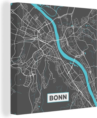 Canvas Schilderij Stadskaart – Plattegrond – Duitsland – Blauw – Bonn – Kaart - 20x20 cm - Wanddecoratie