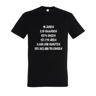 T-shirt 18 jaren, 216 maanden | S | Zwart