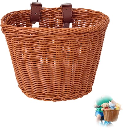 Fietsmandje Kinderfiets - 1 Stuk - 18x14x12 cm - Gevlochten Mandje voor Stuur - Fietsmand - Fietsmand Kind - Gevlochten fietsmand voor voorop - Mand - hangmand - rieten kleur - Fietsaccessoire - Verstelbaar - Afneembare