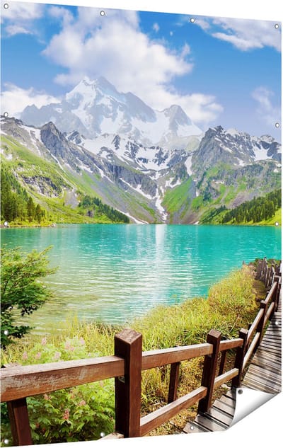 Gards Tuinposter Pad naar een Helder Blauw Meer in de Bergen - 120x160 cm - Tuindoek - Tuindecoratie - Wanddecoratie buiten - Tuinschilderij
