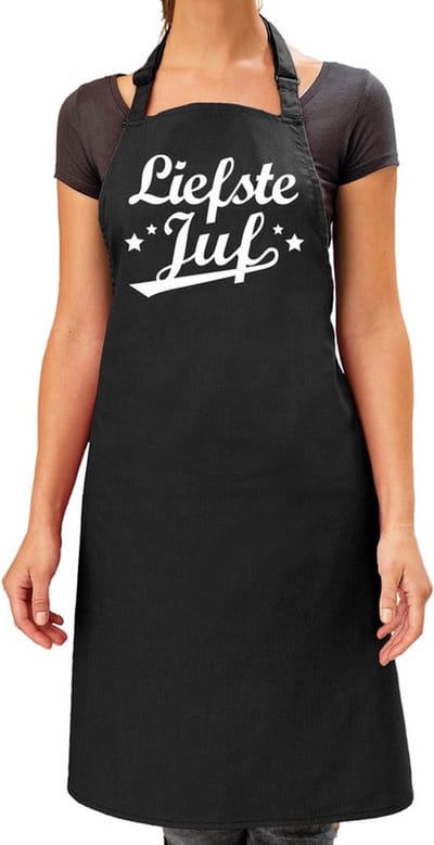 Liefste juf cadeau bbq/keuken schort zwart dames - Einde schooljaar/ jufdag cadeau
