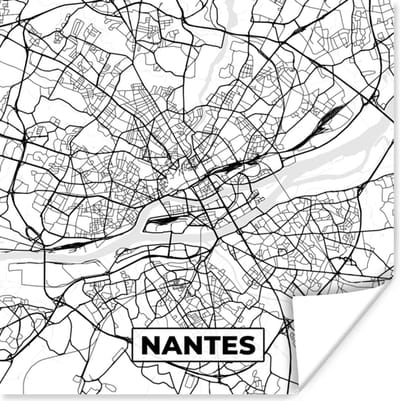 Poster Plattegrond - Nantes - Kaart - Frankrijk - Stadskaart - Zwart wit - 100x100 cm XXL