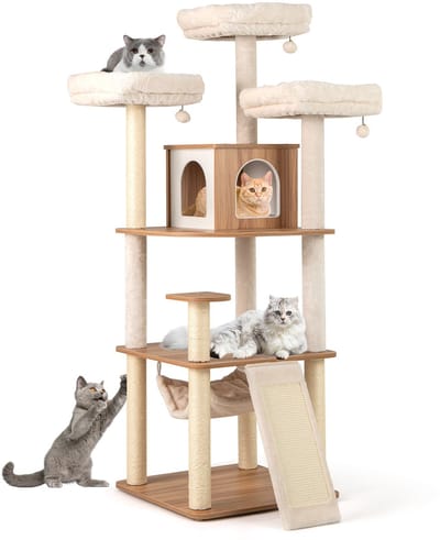 COSTWAY Krabpaal van hout, kattenkrabpaal met meerdere verdiepingen, groot, kattenboom met hol, ladder, matten, ballen en hangmat, activiteitenboom, kattenmeubel, speelhuis, klimboom, beige + naturel