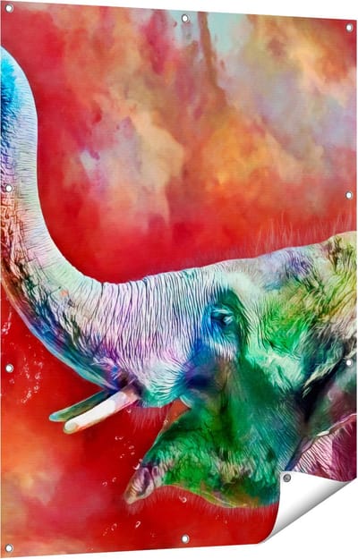 Gards Tuinposter Getekende Vrolijke Olifant - Abstract - 90x120 cm - Tuindoek - Tuindecoratie - Wanddecoratie buiten - Tuinschilderij