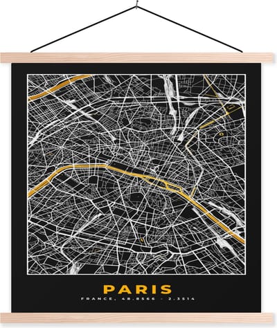 Posterhanger incl. Poster 40x40 cm - Schoolplaat - Paris - Stadskaart – Plattegrond – Kaart – Frankrijk - Textielposter - Blanke latten - Stadskaart