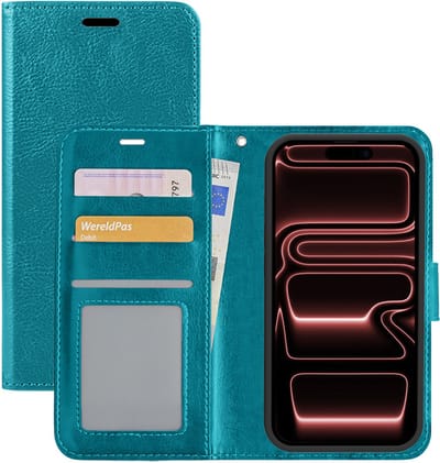 Hoesje - Met Pasjeshouder - Geschikt voor Apple iPhone 17 Pro Max - Luxe Bookcase Portemonee - Flip Case - Kunstleer Book Case - Flipcase - Book Cover - Walletcase - Portemonneehoes - Turquoise